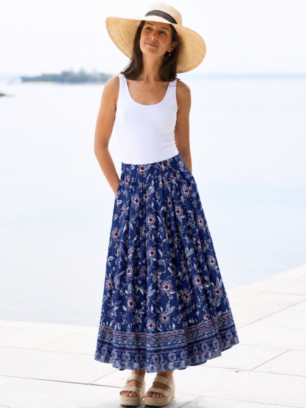 Cottagecore Floral Midi Skirt Pleated A Line Blue‎ Rayon Lightweight